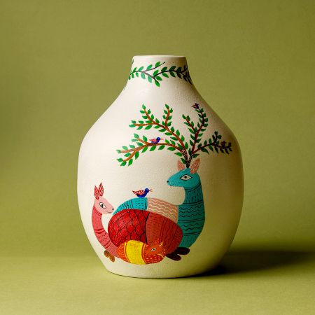 Handcrafted Ceramic Gond Resting Deer Birds Decorative Art Vase